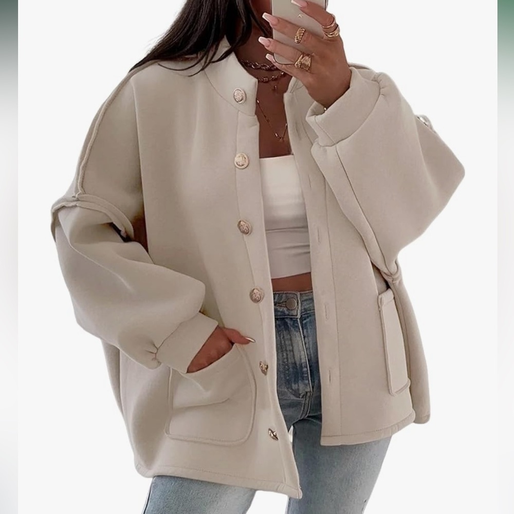 Oversized Cotton blend Jacket with gold buttons. Beige. NWT. - Picture 2 of 7